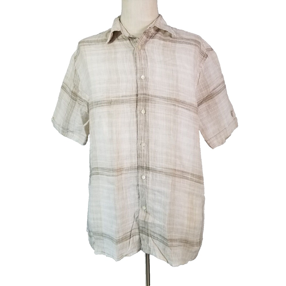 Cubavera Shirt Men Large Brown Plaid Short Sleeve 100% Linen Button Up Casual